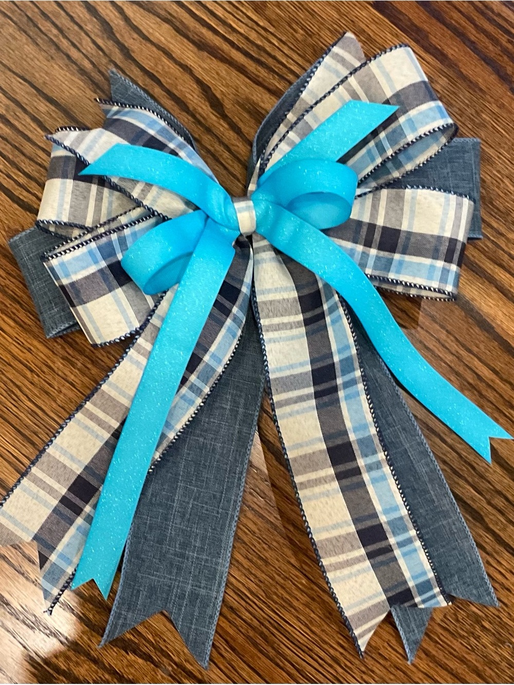 Blue Plaid and Turquoise Layered Ribbon Bow